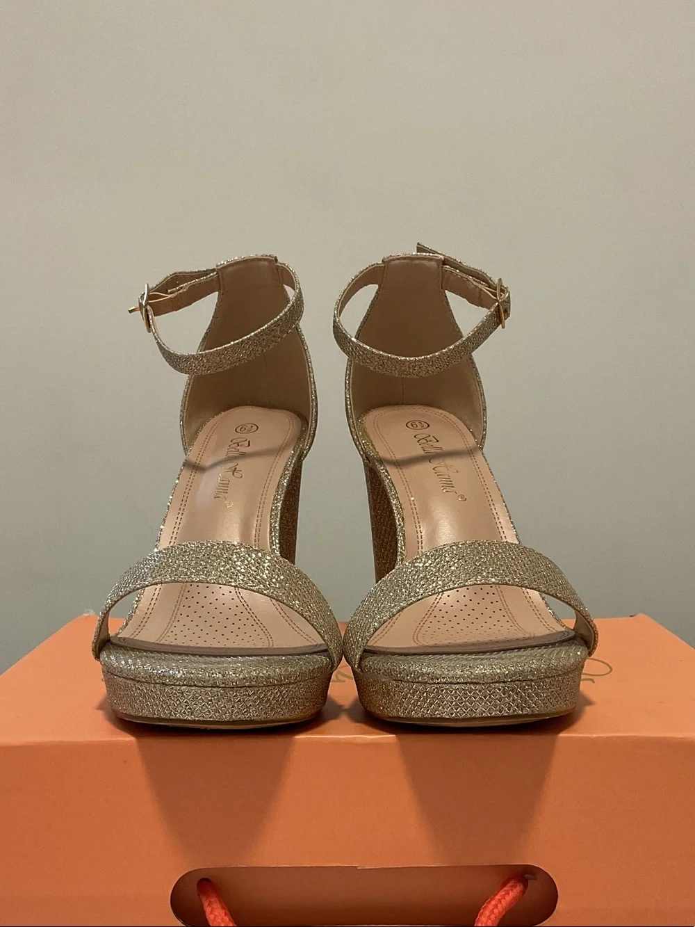 Size 6.5 Grace Glitter Platform Ankle-Strap Heels in Gold